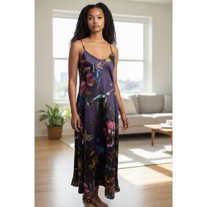 NICOLE MILLER NEW YORK SOFT Satin Floral Palma Purple Print Maxi Dress Size M